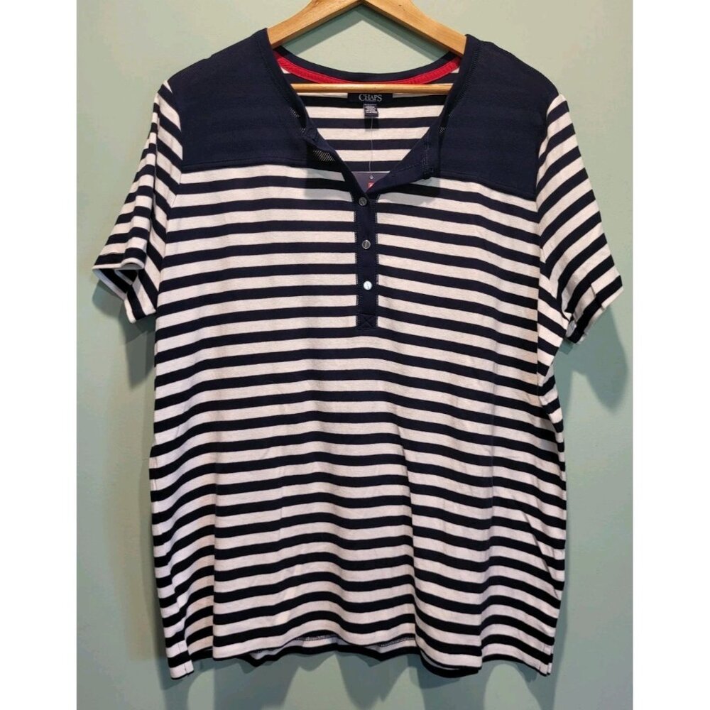 New Chaps Navy Stripe 1/4 Button Short Sleeve Top Sz 3X Nautical